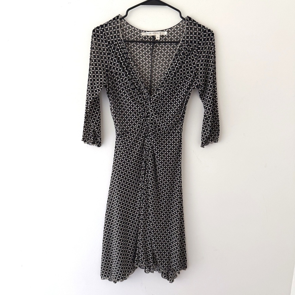 Y2K Max Studio Mesh Dress Knotted V-Neck Geometric S Sheer‎ Indie Grunge Retro